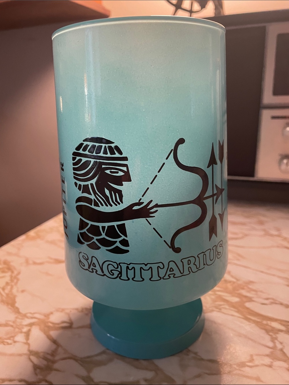 Indiana Glass Aqua Blue Sagittarius Zodiac Pedestal Goblet Vintage 1970’s
